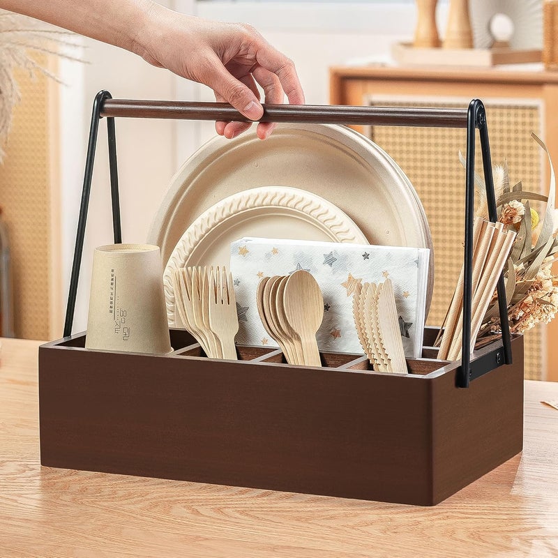 PTSTING Silverware Caddy with Handle Acacia Wood Utensil Holder Paper Plate Dispenser for Countertop Flatware Organizer Box for Spoons Forks Plates Cups Napkins - Image 2